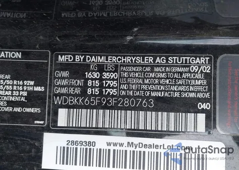 2003 Mercedes-Benz Slk 320 z USA, uszkodzony, nr VIN WDBKK65F93F280763